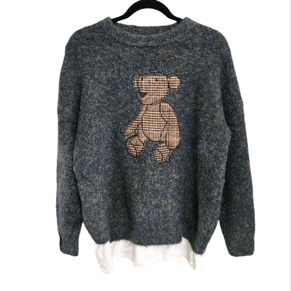 Green handmade Teddy Bear sweater crew neck L/XL Cozy Comfy chunky Goblincore